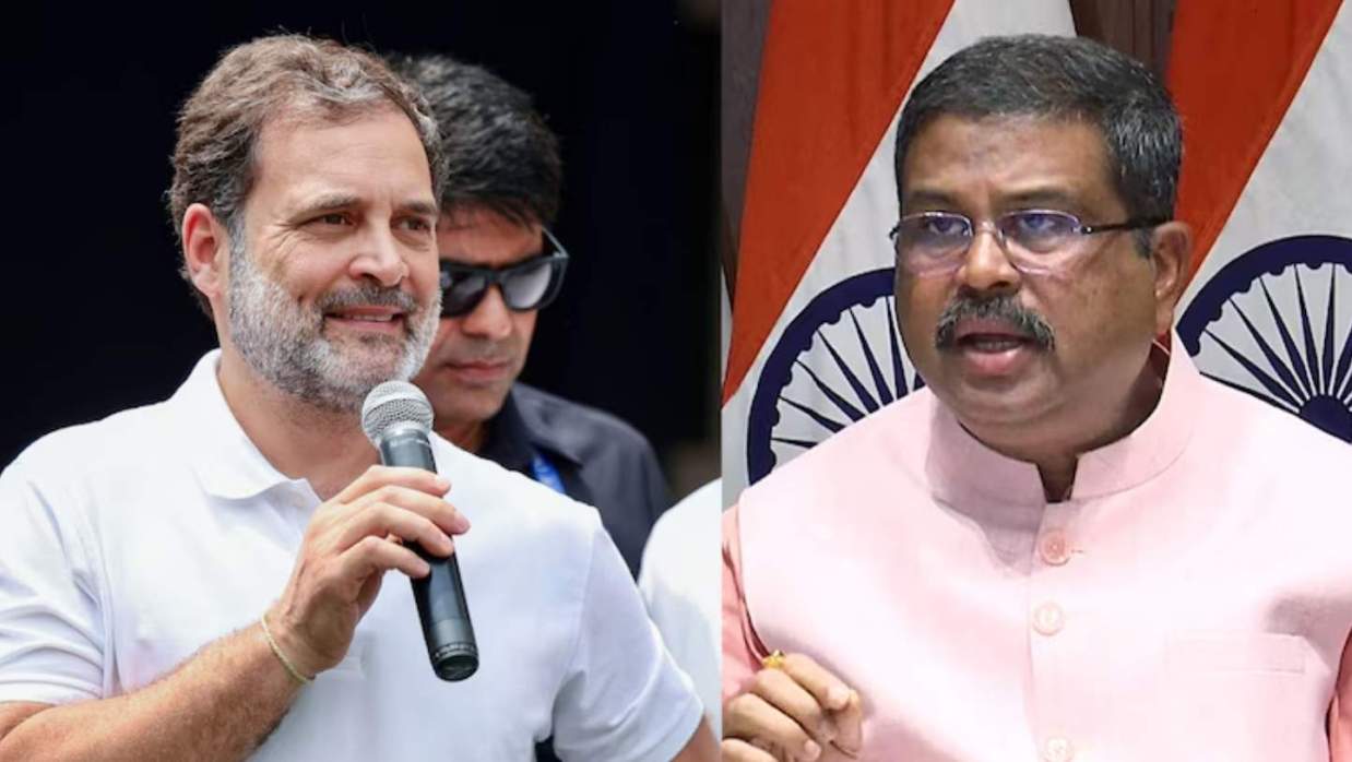 বাঁ থেকে শুরু কংগ্রেস নেতা রাহুল গান্ধী ও শিক্ষামন্ত্রী ধর্মেন্দ্র প্রধান