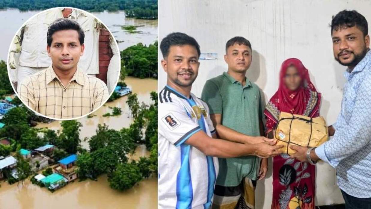 উপজেলা ছাত্রদলের নেতাকর্মীরা মেয়েটির হাতে বইপত্র তুলে দেন, ইনসেটে জালাল সিদ্দিকী