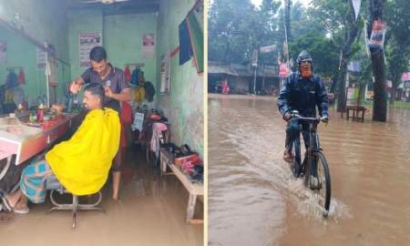 তীব্র বৃষ্টিতে জলমগ্ন সাতক্ষীরা শহর, বিপর্যস্ত জনজীবন