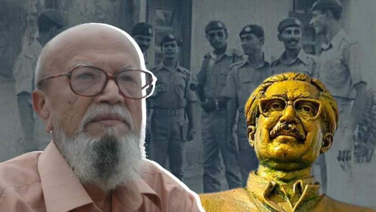 আল মাহমুদ, শেখ মুজিবের ভাস্কর্য এবং দৃশ্যপটে রক্ষীবাহিনীর কয়েকজন সদস্য