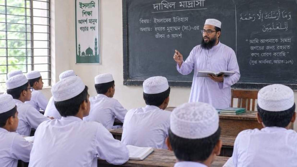 দাখিল মাদ্রাসায় ক্লাস নিচ্ছেন শিক্ষক