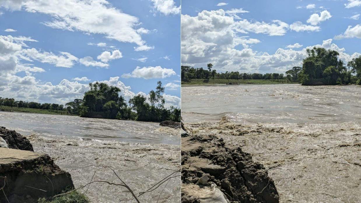খোয়াই নদীর তীররক্ষা বাঁধ ভেঙে গেছে।