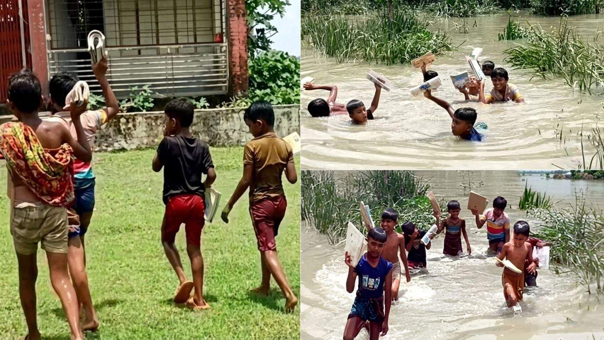 খাল সাঁতরে স্কুলে যাচ্ছে শিশুরা, ভেজা শরীরে ক্লাস করতে হয় তাদের।