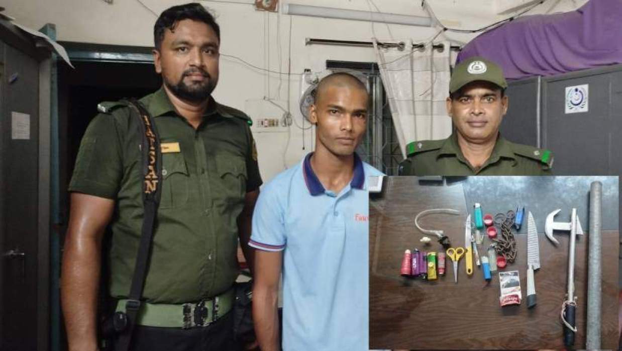 আটক বাদশা গাজী (ইনসেটে জব্দ করা মাদক সেবনের সরঞ্জাম)