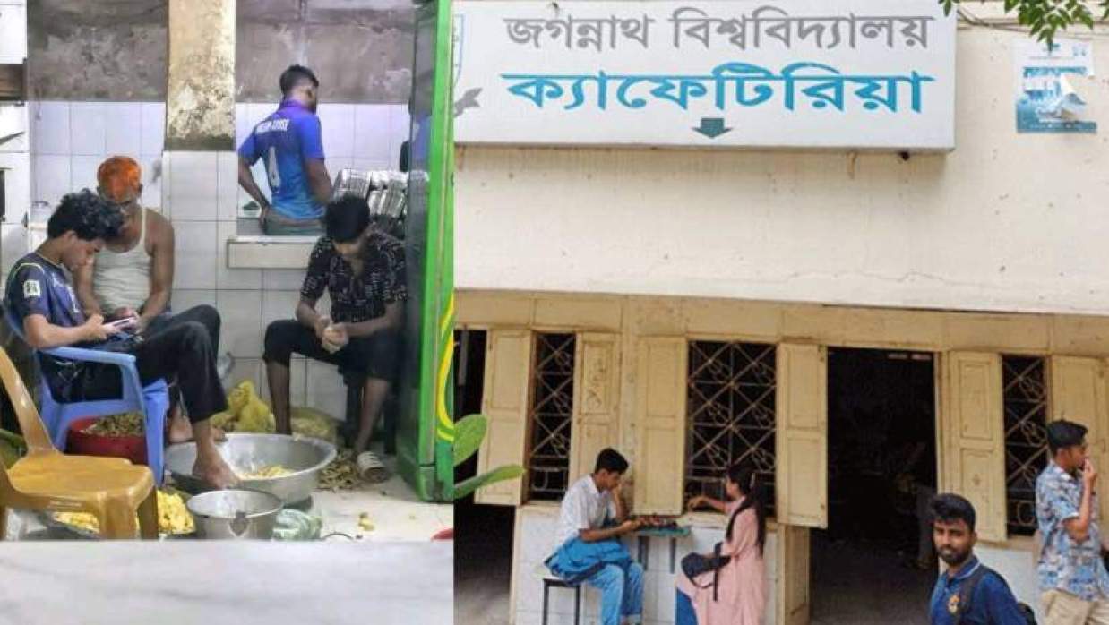 ক্যাফেটেরিয়ার রান্নাঘরে খাবার প্রস্তুতের সময় বাসনের ওপর পা রাখাসহ বসে থাকতে দেখা যায় এক কর্মীকে