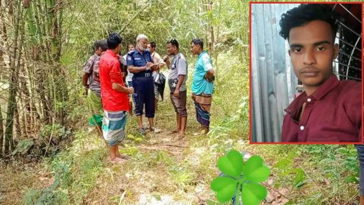 মরদেহ উদ্ধারস্থলে পুলিশ ও স্থানীয় লোকজন (ইনসেটে নিহত তুহিন মিয়া)