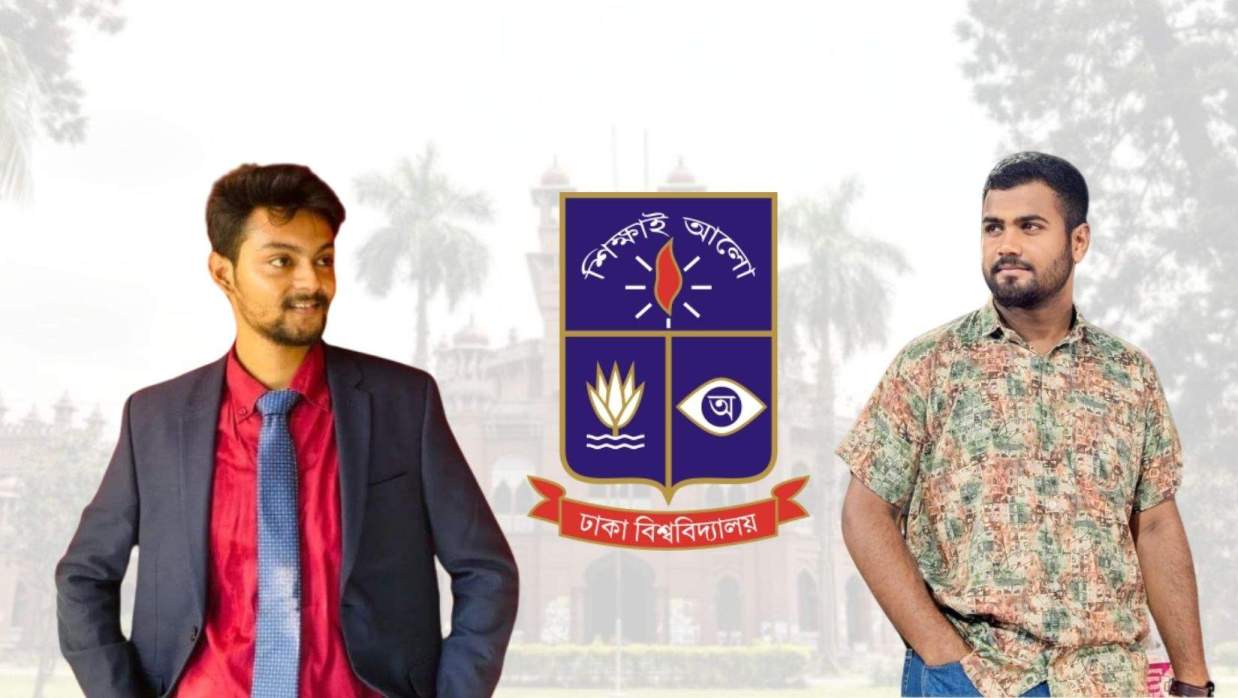 বাঁয়ে ছাত্রদল নেতা ফাতহুন কারিব চৌধুরী ও ডানে ডাকসুর হল সংসদ নেতা মো. ফেরদাউস