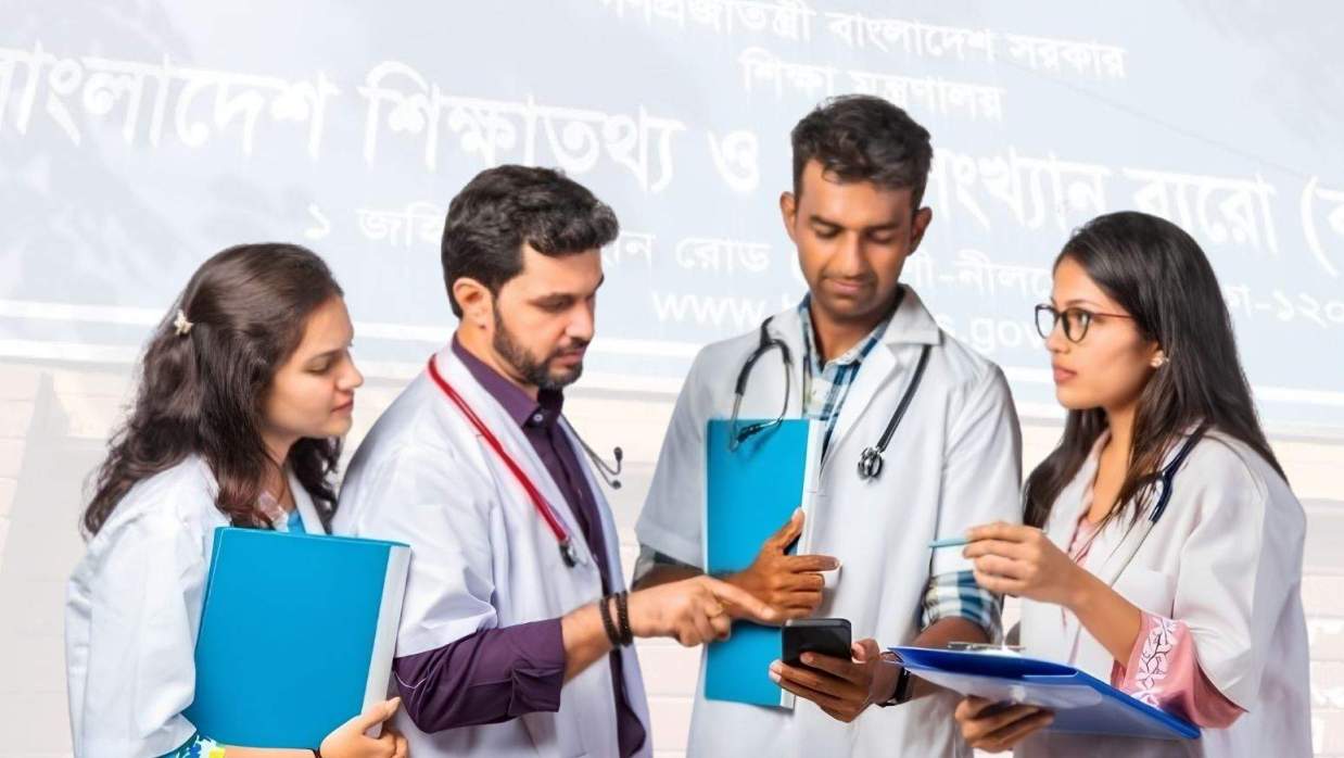 মেডিকেল শিক্ষার্থীদের গ্রুপ ছবি ও ব্যাকগ্রাউন্ডে ব্যানবেইস
