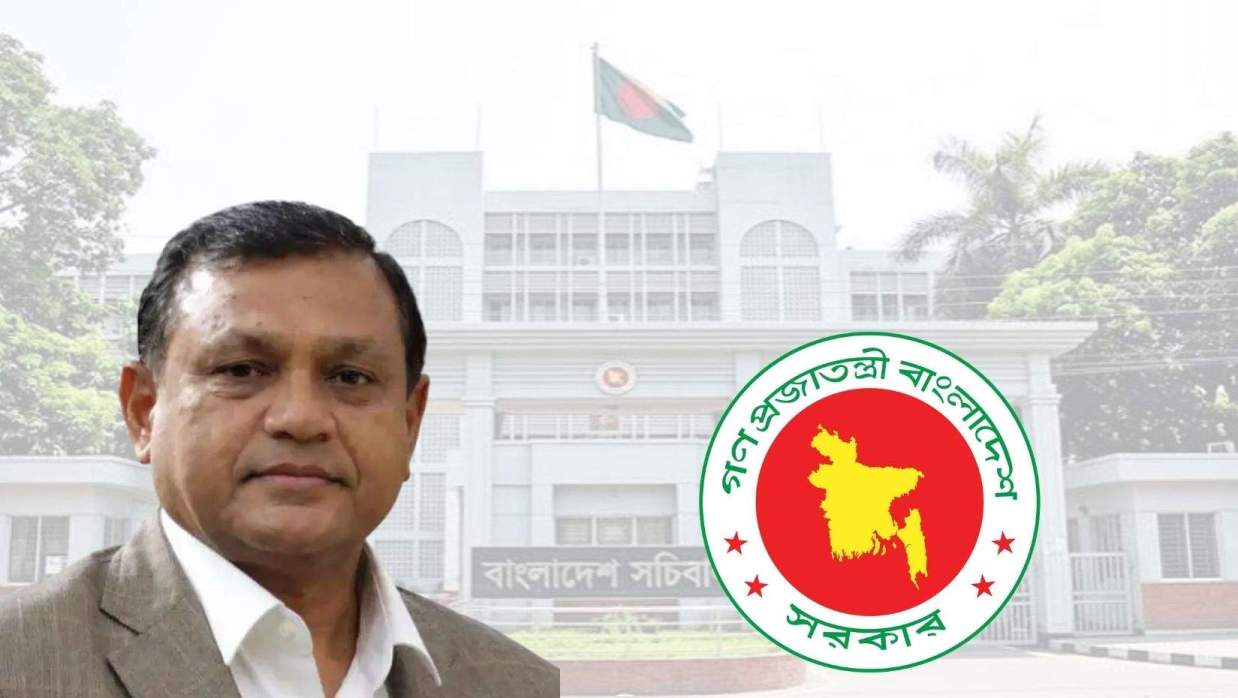 শিক্ষাসচিব মো. কামরুজ্জামান চৌধুরী ও সরকারের লোগো