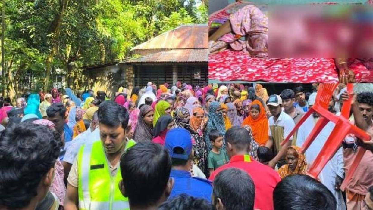 ঘটনাস্থলে পুলিশ ও স্থানীয় লোকজন (ইনসেটে বৃদ্ধার মরদেহ)