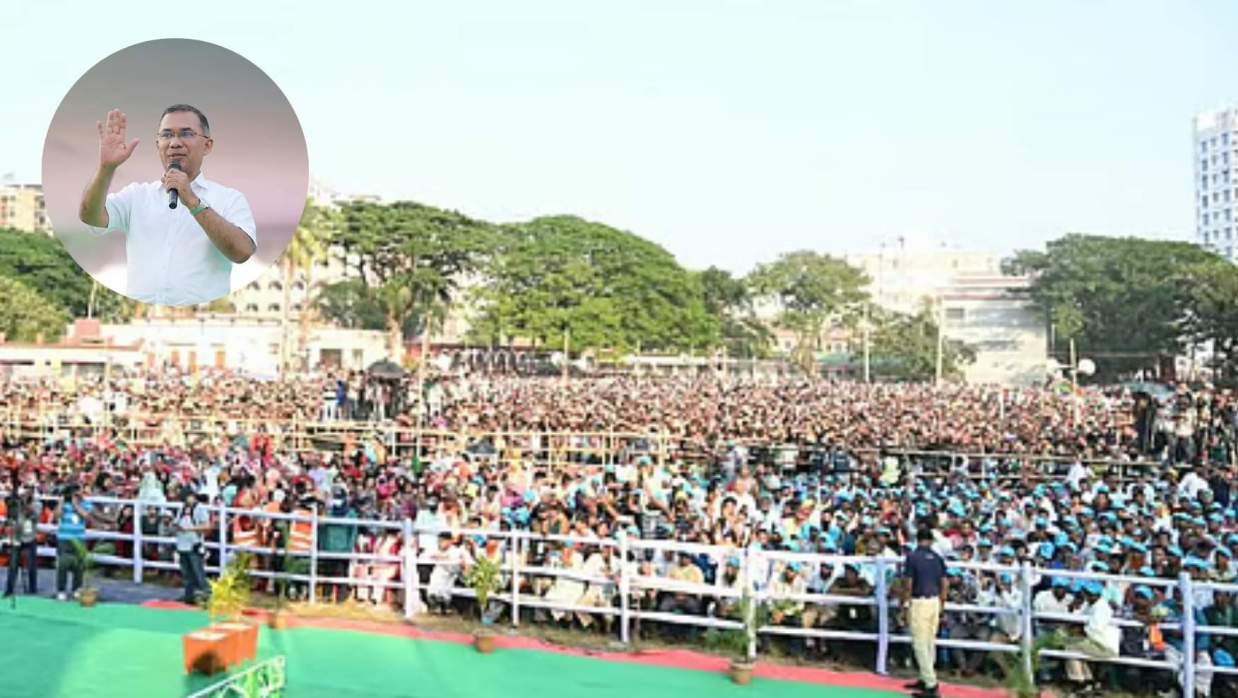 রাজশাহীর মাদ্রাসা মাঠে আয়োজিত জনসভায় বক্তব্য দেন প্রধানমন্ত্রী তারেক রহমান