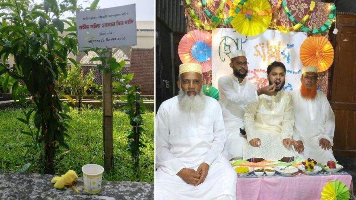ওসমান হাদির বিয়ের ছবি (ডানে), কবর জিয়ারত করে যে ছবি শেয়ার করেছেন তার স্ত্রী
