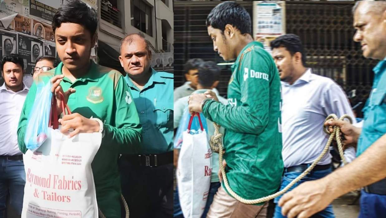 হাসনাতুল ইসলাম ফাইয়াজকে দড়ি দিয়ে বেঁধে আদালতে নিয়ে যাওয়া হচ্ছে
