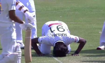 হ্যাটট্রিকের পর হাসানের ফাইফার, মাঠেই দিলেন সিজদা