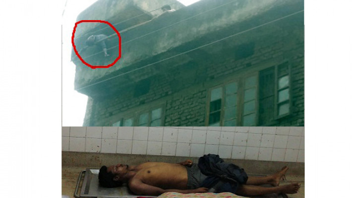 ঘটনাস্থল থেকে উদ্ধার করার মুহুর্ত। ঢামেকের মর্গে রাখা বিজয়ের মরদেহ (নিচে) ।