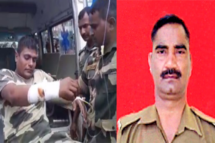 নিহত বিএসএফ-এর হেড কনস্টেবল বিজয়ভান সিংহ (লাল) এবং গুলিবিদ্ধ হওয়ার পরে হাসপাতালের পথে বিএসএফ জওয়ান