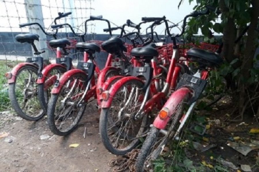 ঢাকা বিশ্ববিদ্যালয়ের কলাভব‌নের পা‌শের ক্যাম্পাস শ্যা‌ডোতে রাখা ব্যবহার অনুপযোগী বাইসাইকেল