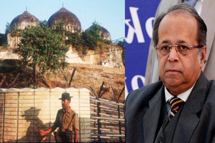 বাবরি মসজিদ ও ইনসেটে ভারতের সাবেক বিচারপতি অশোককুমার