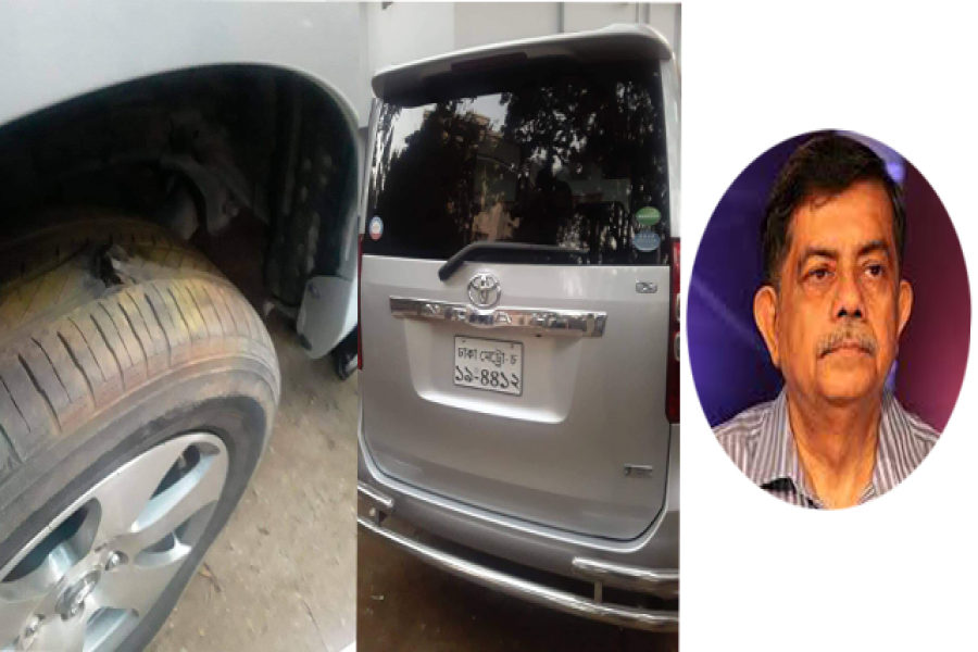 ঢাবিতে ককটেল বিস্ফোরণে ক্ষতিগ্রস্ত অধ্যাপক সিআর আবরারের গাড়ি