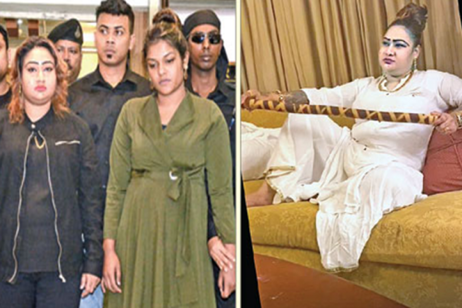 র‌্যাবের হাতে আটক সেই পাপিয়া ও তার সহযোগী (বামে)। বেতের লাঠি হাতে বাইজি সর্দারনির বেশে পাপিয়া