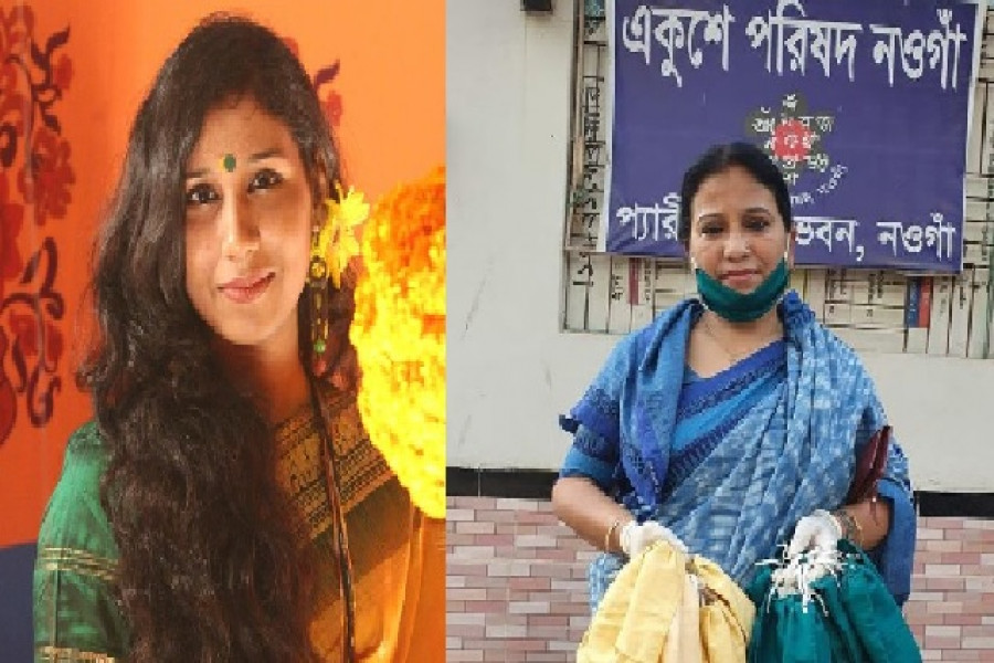 নিজের বানানো মাস্ক হাতে অধ্যাপক গুনশান (ডানে), মেয়ে তানসু