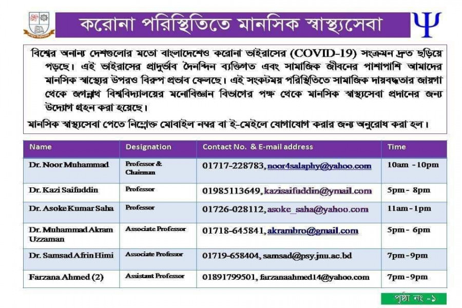 করোনায় মানসিক স্বাস্থ্য সেবা দেবে জবি মনোবিজ্ঞান বিভাগ