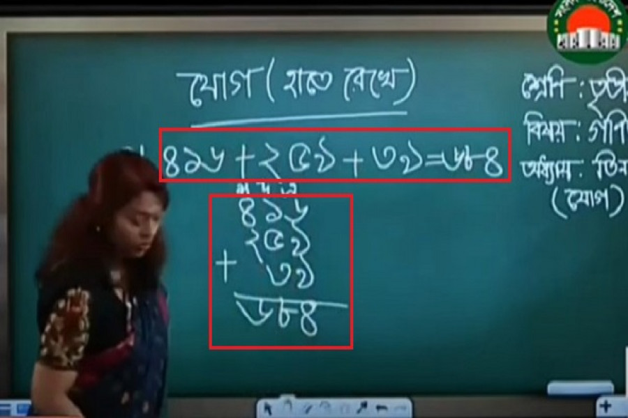 ভিডিও থেকে নেয়া ক্লাসে যোগ অংক শেখানোর দৃশ্য