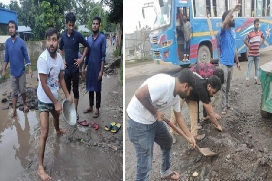 নেতাকর্মীদের নিয়ে ভাঙা রাস্তা সংস্কারে ঢাবি ছাত্রলীগ সভাপতি