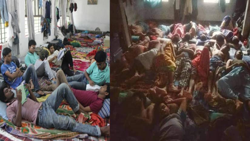 ঢাবির হলের গণরুমে এভাবে গাদাগাদি করে থাকতে হয় (ডানে)। জাবির হলেও একই অবস্থা (বায়ে)