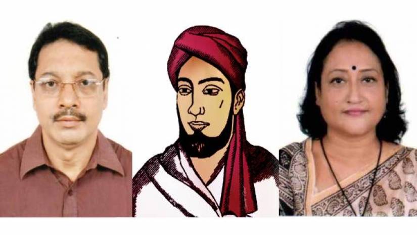 তিতুমীর কলেজের অধ্যক্ষ অধ্যাপক আশরাফ হোসেন, শহীদ তিতুমীর ও  উপাধ্যক্ষ ড. মোসা. আবেদা সুলতানা (বাঁ থেকে)