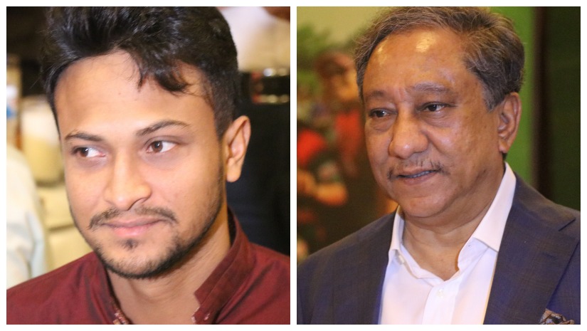 তারকা ক্রিকেটার সাকিব আল হাসান (বায়ে) ও বিসিবিপ্রধান নাজমুল হাসান পাপন