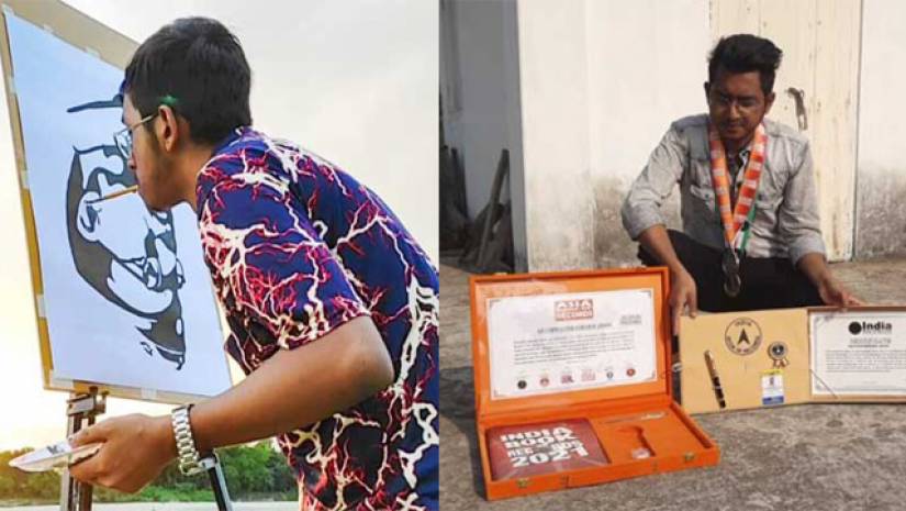 মুখ দিয়ে ছবি এঁকে রেকর্ড গড়েছেন সৌরভ মণ্ডল