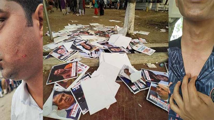 ঘটনার পর পোস্টারগুলো মাটিতে পড়ে রয়েছে (মাঝখানে)। ঢাকা মহানগর দক্ষিণ ছাত্রলীগের সাধারণ সম্পাদকও হামলার শিকার (বামে)। হামলার শিকার ঢাবি ছাত্রলীগের এক কর্মী (ডানে)