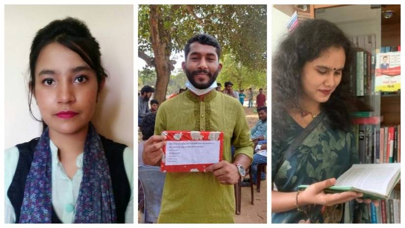 রচনা প্রতিযোগিতায় নুসরাত জাহান প্রভা প্রথম, (বাঁয়ে) মোহাম্মদ ফয়সাল আহমেদ দ্বিতীয় ও ফারহানা তানভীর ইমা তৃতীয় হয়েছেন।