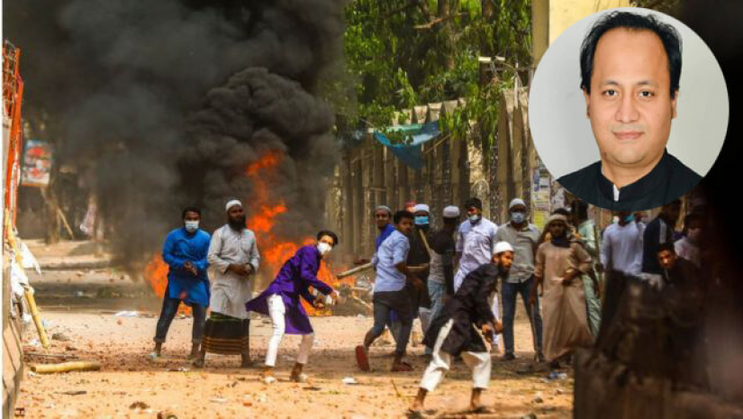 হেফাজতে ইসলামের সহিংস বিক্ষোভ। ইনসেটে শিক্ষা উপমন্ত্রী মহিবুল হাসান চৌধুরী নওফেল