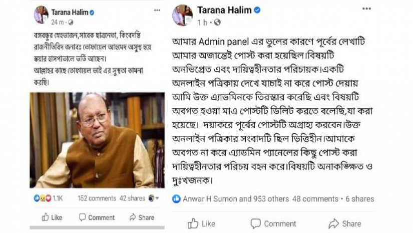 তারানা হালিমের স্ট্যাটাস দুটি