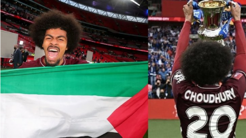 শিরোপা জয়ের পর পতাকা হাতে হামজা চৌধুরী