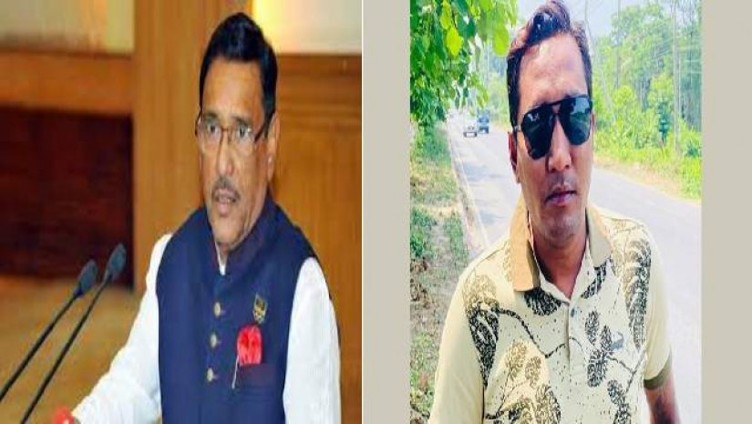 বামে সেতুমন্ত্রী ওবায়দুল কাদের ও ডানে নোবিপ্রবি কর্মকর্তা জিয়াউর রহমান সম্রাট