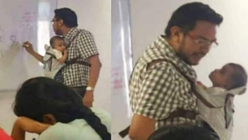ছাত্রীর শিশু সন্তান কোলে নিয়ে ক্লাস নিচ্ছেন শিক্ষক