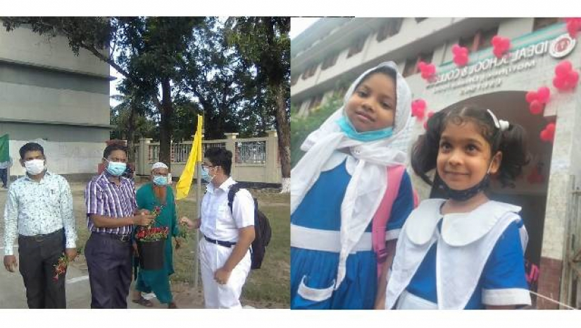 শিক্ষার্থীদের ফুল দিয়ে বরণ করে নিচ্ছে প্রতিষ্ঠান প্রধানরা