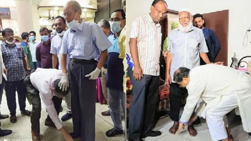 শিক্ষকদের পা ছুঁয়ে সালাম করছেন তথ্যমন্ত্রী