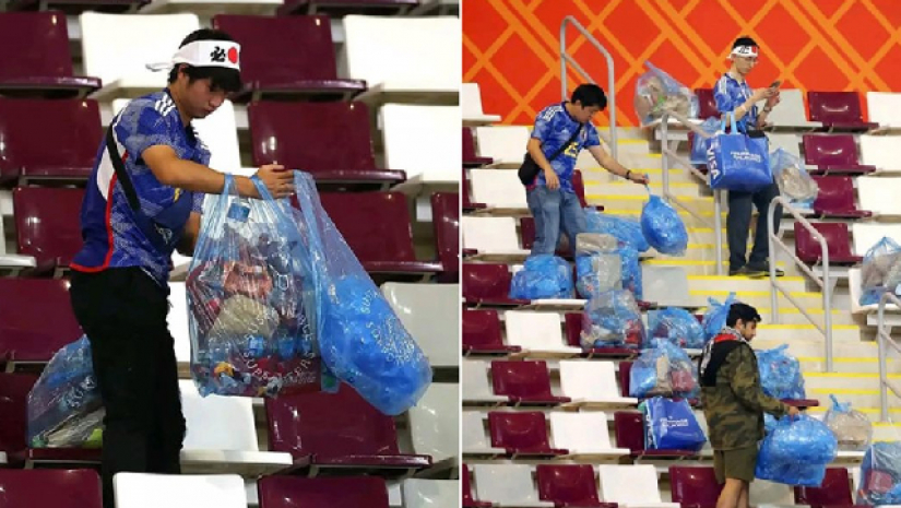 জার্মানি-জাপানের ম্যাচের পর স্টেডিয়ামের ময়লা পরিচ্ছন্ন করছেন জাপানি সমর্থকেরা।