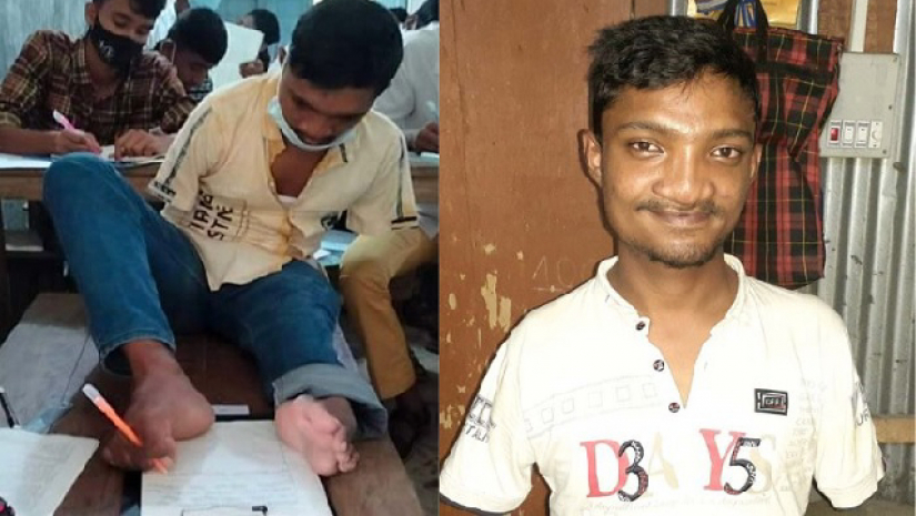 পা দিয়ে লিখে এসএসসি পরীক্ষা দিচ্ছেন মানিক