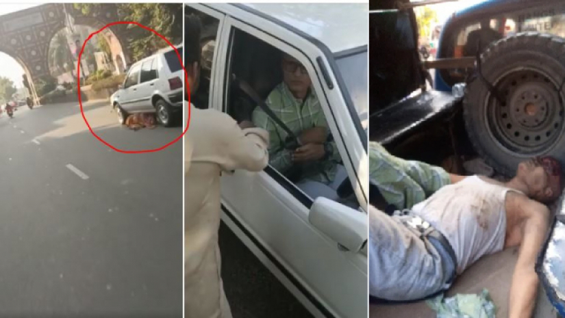 উপস্থিত জনতা পিটুনি দেওয়ার পর ওই শিক্ষক (ডানে)