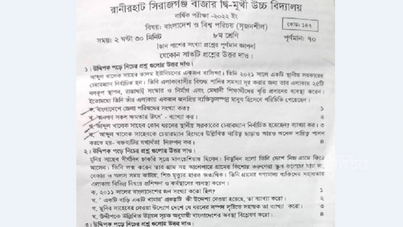 বিদ্যালয়ের সৃজনশীল প্রশ্নে স্থানীয় চেয়ারম্যানের প্রশংসা