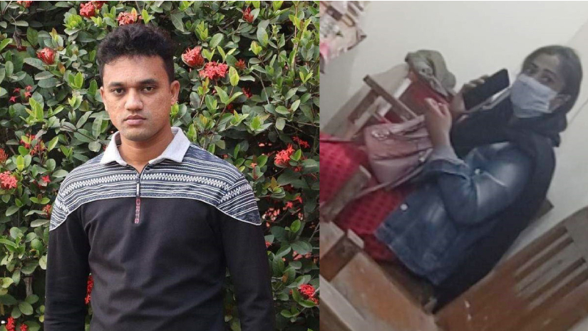 অভিযুক্ত পুলিশ সদস্য আসাদুজ্জামান ও অনশনে বসা তরুণী