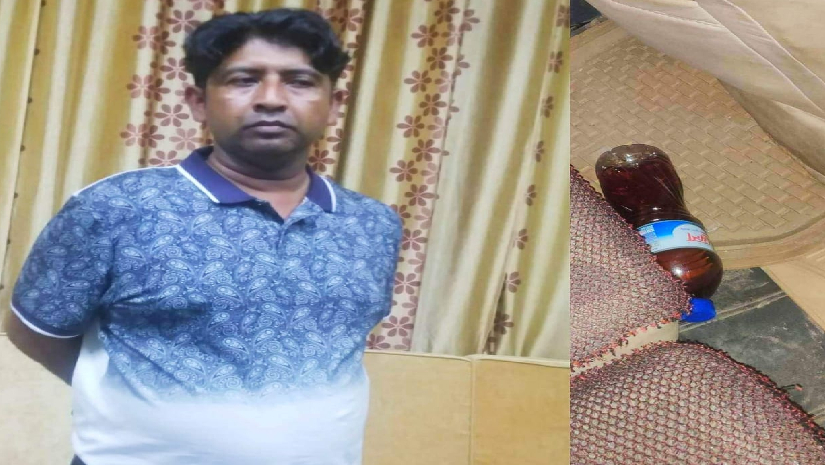 আটককৃত মাসুদ এবং উদ্ধারকৃত মদ