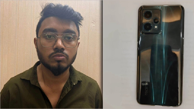 ছবিতে বামে মো. মাহাফুজুল হক প্রভাত এবং ডানপাশে উদ্ধার করা মোবাইল