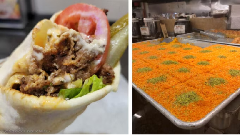 বামে ভেড়া ও গরুর মাংসের শর্মা। ডানে: মধ্যপ্রাচ্যের মিষ্টিজাতীয় খাবার কুনাফে