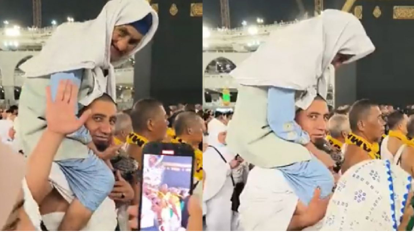 বৃদ্ধা মাকে কাঁধে নিয়ে ওমরাহ করলেন ছেলে